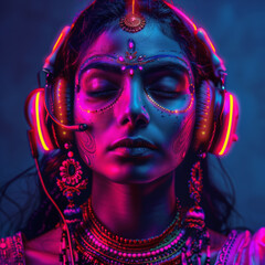 Portrait of a beautiful indian woman in ethnic clothes with headphones listening to music.