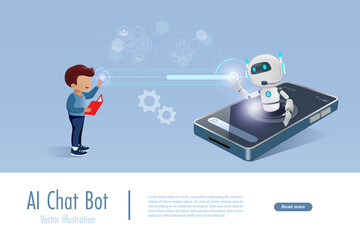 AI chat bot on smartphone assist kid student doing homework assignment. Artificial intelligence robot generates information and provide smart solution. Education Technology. Vector.