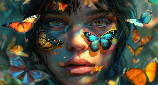 An artwork shows a woman with colorful butterflies on her face, in a darkly detailed style, with cyan and amber.