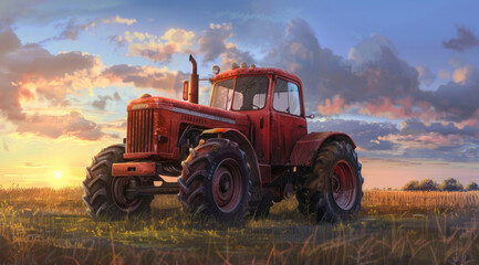 A red tractor in fields at sunset, in a detailed and precise and lifelike style.