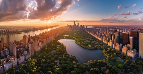Aerial view of Central Park in New York City, USA with the city skyline and skyscrapers at sunset....