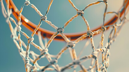 Close-up of a basketball net against a solid background, capturing the details of woven threads