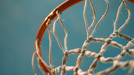 Close-up of a basketball net against a solid background, capturing the details of woven threads
