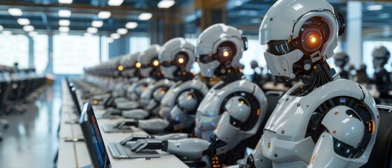 Fototapeta premium Many identical clone robots work in the office sitting at desks with computers. Future concept without people with smart robotics and artificial intelligence. 3D rendering.
