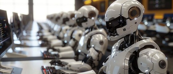 Fototapeta premium Many identical clone robots work in the office sitting at desks with computers. Future concept without people with smart robotics and artificial intelligence. 3D rendering.