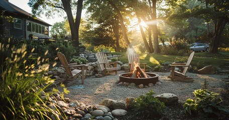 Constructing a fire pit area, close view, evening light, wide angle, cozy gathering spot. 