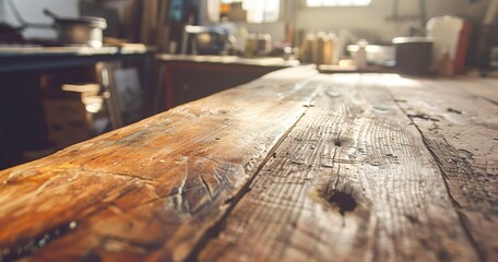 Refinishing an old wooden table, close view, sunny day, wide lens, bringing life to wood.