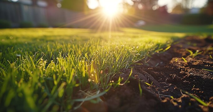 Laying sod for a new lawn, close-up, golden hour, wide lens, instant green transformation. 