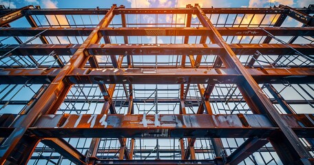 Reinforcing steel framework, close view, evening light, wide lens, skeleton of the industrial giant.