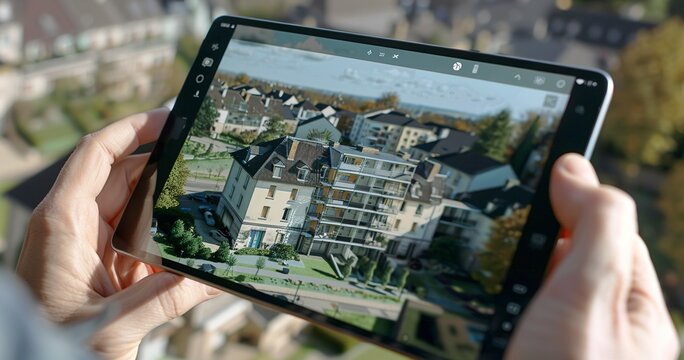 Augmented reality for site planning, close-up, daylight, wide lens, blending virtual and real. 