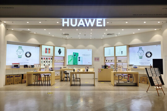 PENANG, MALAYSIA - 27 MAR 2024: Store front view of Huawei computer and smartphone store in shopping mall. It is a Chinese multinational digital communications technology conglomerate corporation.