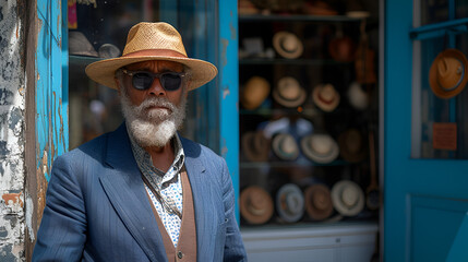 Older man wearing a hat outside of a tropical hat shop  - Powered by Adobe