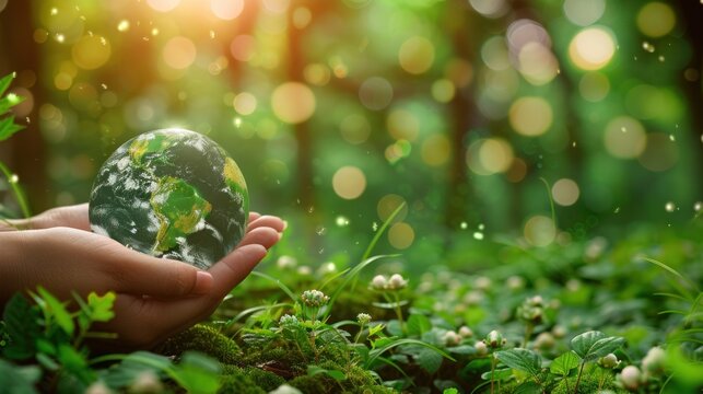 Hands protecting globe of green tree on tropical nature summer background, Ecology and Environment concept