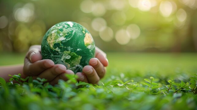 Hands protecting globe of green tree on tropical nature summer background, Ecology and Environment concept