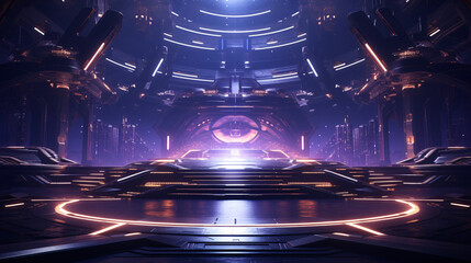 Abstract neon matrix technological stage, cyberpunk future 3D concept illustration