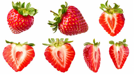 Fresh strawberry isolated with clipping path in white background, no shadow, strawberries slices, pieces, half