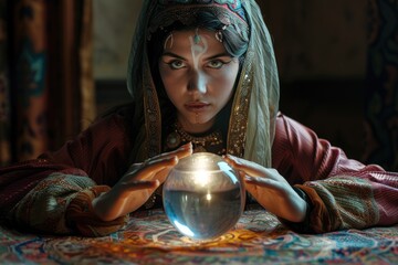 Charming gypsy female fortune teller guessing future at the table with magic crystal ball. Mysterious ambience. AI Generated 