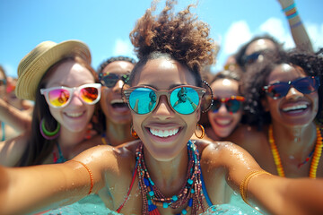 Happy female friends makes selfie on summer vacation, laughing and enjoying beach time together under the bright sun - obrazy, fototapety, plakaty