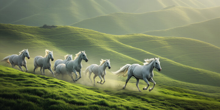 A group white horses running fast and race in grass field hill with beautiful dramatic misty morning - Powered by Adobe
