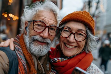 Wonderful sincere and cheerful pair of white-haired mature smiling people selfie on their mobile phones. Enjoy life. Pay attention to the health of the elderly
 - obrazy, fototapety, plakaty