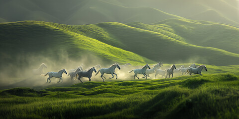 A group white horses running fast and race far away in the field with beautiful dramatic morning backlight - obrazy, fototapety, plakaty