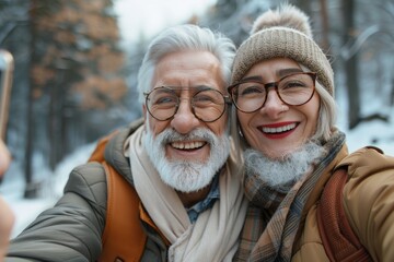 Wonderful sincere and cheerful pair of white-haired mature smiling people selfie on their mobile phones. Enjoy life. Pay attention to the health of the elderly
 - obrazy, fototapety, plakaty