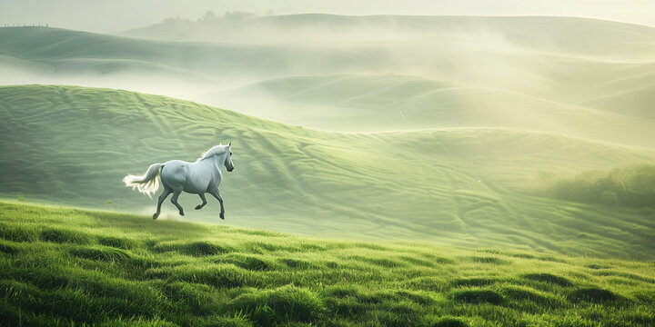 A white horse running in green field hill with beautiful dramatic misty morning