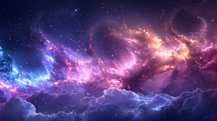 Abstract starry purple sky with shining stardust and nebulae, galaxy and planets background