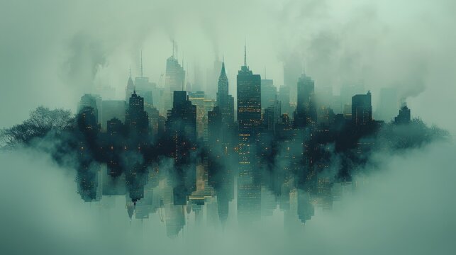 Artistic double exposure photo featuring city structures intertwined with smog-filled skies, highlighting the intersection of urban development and environmental degradation.