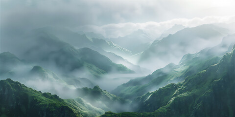 Scenic Landscape of mountain layers at dramatic misty morning 