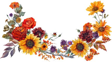 Angled autumn’s frame orange, yellow sunflowers, red roses, purple asters Michaelmas daisy), gerbera daisy flowers, twigs on white background. Digital draw, illustration in watercolor style - obrazy, fototapety, plakaty