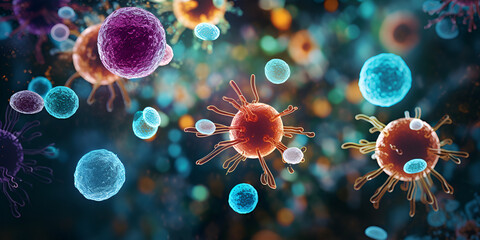 3d rendered illustration of a virus, Macro shot of different types of microbes Virus cells and bacteria on abstract background
