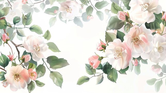 Panoramic view bouquet of roses, spring blossom. Horizontal border branches pink, white flowers, buds, green leaves, white background. Digital draw illustration in watercolor style, ,Generative ai, 