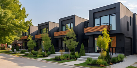 Row of modern townhouses with wooden sidings and balconies generative ai
