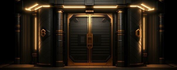 A black door with lights on it in a dark room. Generative AI.