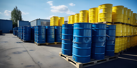 stack of containers, Worker inspecting stock of yellow vertical barrels of oil or chemicals for transportation truck in t
