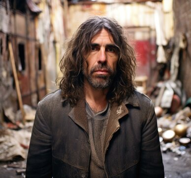 A man with long hair and beard standing in a dirty alley. Generative AI.