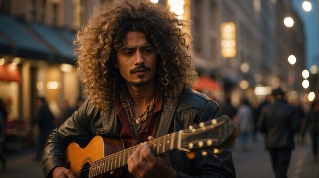 A man with curly hair playing guitar in a city street. Generative AI.