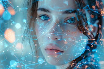 Head-shot of beautiful woman with on futuristic background. Artificial intelligence, people and technology concept, Generative AI