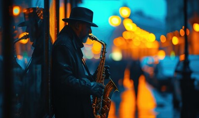 A man in a hat playing the saxophone on a street. Generative AI. - obrazy, fototapety, plakaty