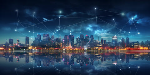 Fototapeta premium A cityscape with a lot of connected lines and dots , Data intelligence HD 8K wallpaper Stock Photographic Image