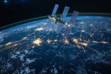 Internet network for fast data exchange over America from space, global telecommunication satellite around the world for IoT, mobile web, financial, Generative AI - obrazy, fototapety, plakaty