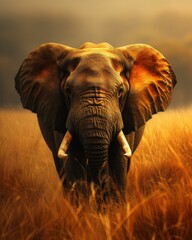 An elephant with tusks standing in tall grass on a cloudy day. Generative AI.