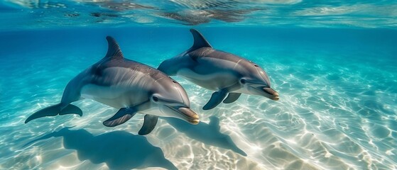 Fototapeta premium Two dolphins swimming in clear water with blue sky. Generative AI.