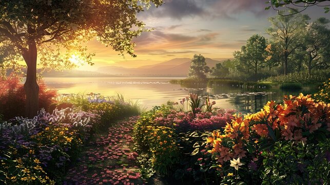 A garden with flowers by the lake, a beautiful garden, a bright sunset on the lake. Digital photo wallpaper ,3D image  ,Generative ai, 