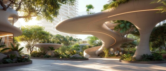 A futuristic looking building with a lot of plants and trees. Generative AI. - Powered by Adobe