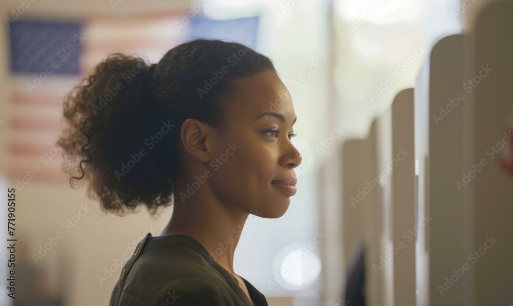 Sticker A woman with an afro looking at a voting machine. Generative AI.