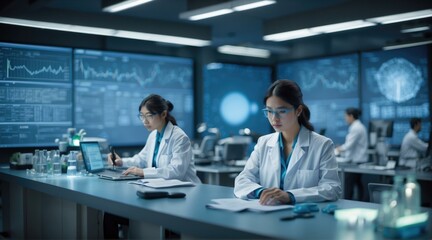 Two women in lab coats working on computers and laptops. Generative AI.