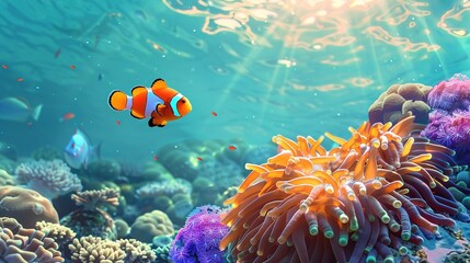 Fototapeta na wymiar Cute anemone fish playing on the coral reef, beautiful color clownfish on coral reefs, anemones on tropical coral reefs ,Generative ai, 