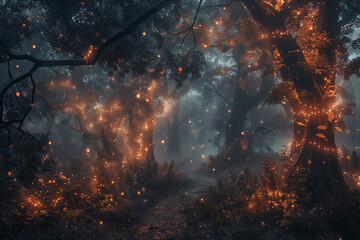 thunder light hitting the trees in the forest